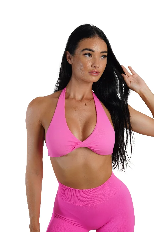 Hurry In Twist Halter Bra - Neon Pink