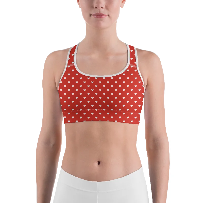 Doorbuster Deal White Mini Hearts Red Sports Bra
