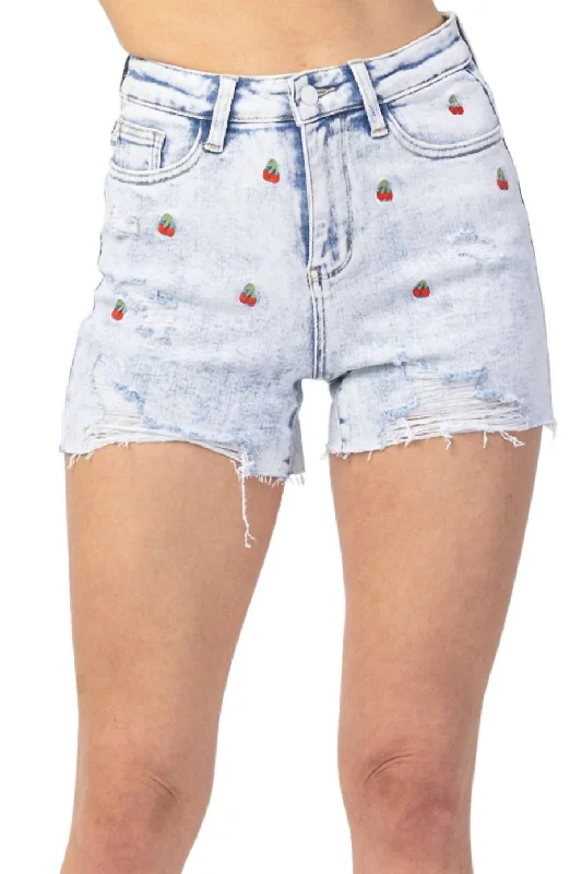 Price Drop Alert Cherry Embroidery High Rise Cut-Off Short In Acid Wash