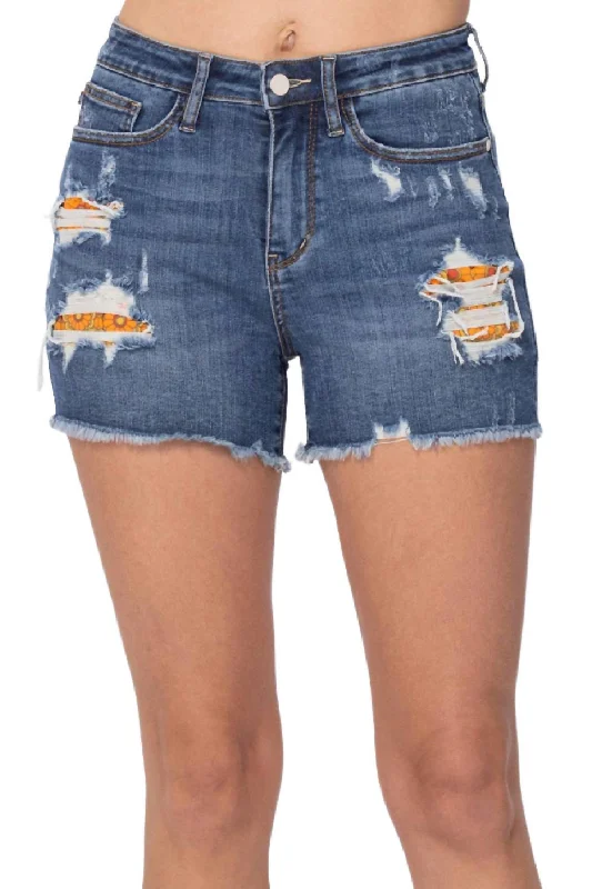 Price Meltdown Printed Pocket Lining High Rise Cut Off Short In Blue