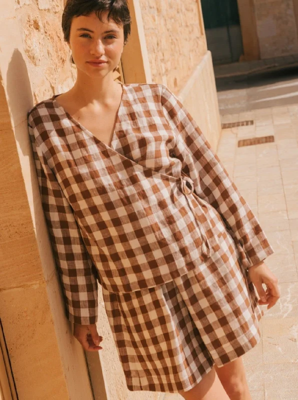 The Best Prices Adele Wrap Linen Top - Mocha Gingham