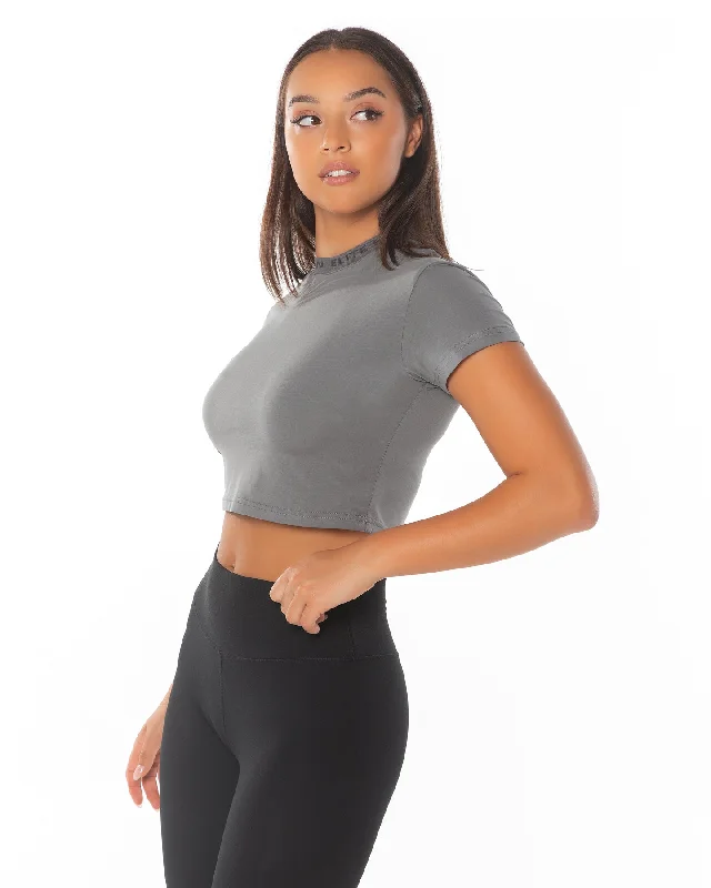 Lowest Prices Cropped Ribbed Collar T-shirt - Charcoal