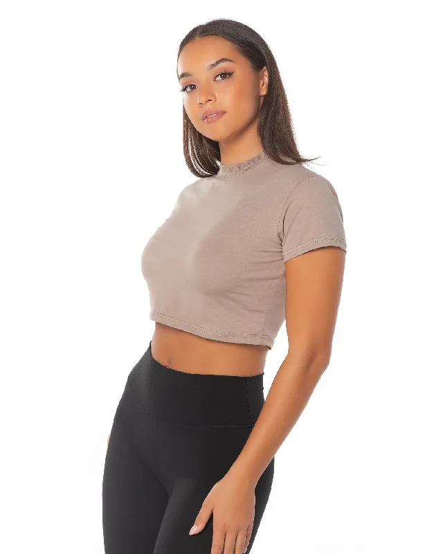 Great Bargains Cropped Ribbed Collar T-shirt - Light Brown