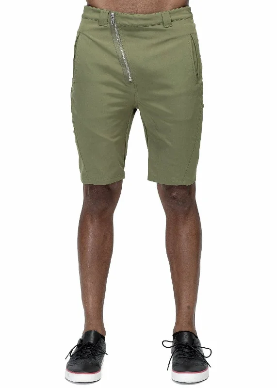 Best Deals Konus Men's Asymmetrical Zipper Fly Shorts in Olive