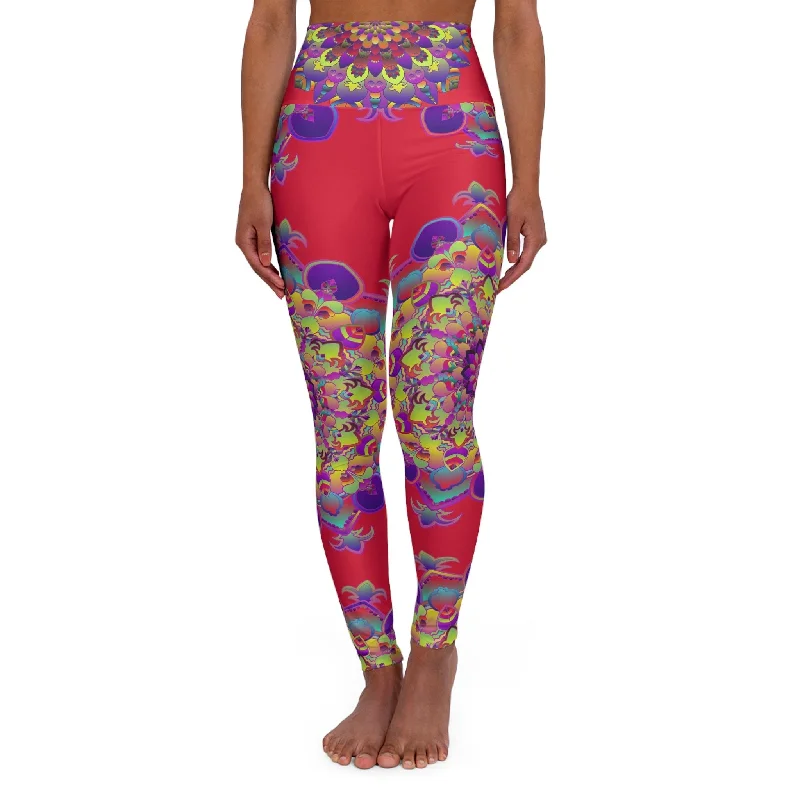Clearance Sale High Waisted Mandala Art Yoga Leggings - Cranberry Red