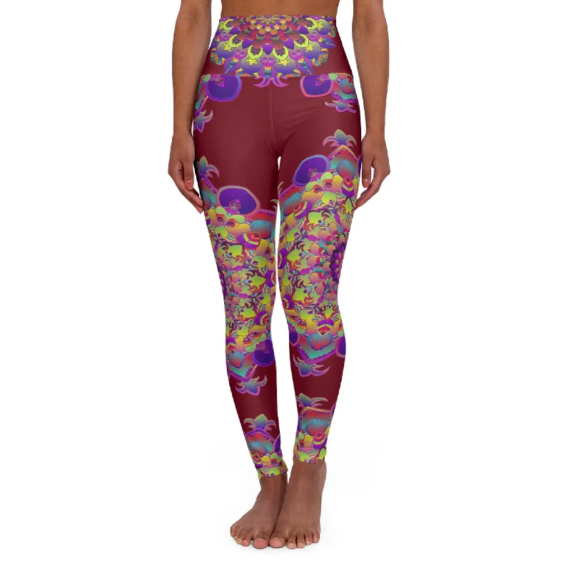 Exclusive Online Offer High Waisted Mandala Art Yoga Leggings - Rich Burgundi